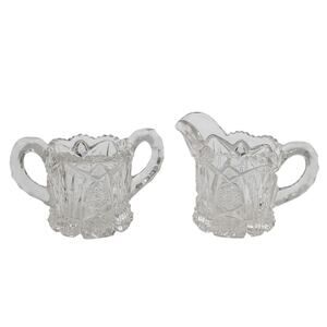 Vtg EAPG Imperial Glass Nucut Hobstar Button Clear Creamer Pitcher & Sugar Set